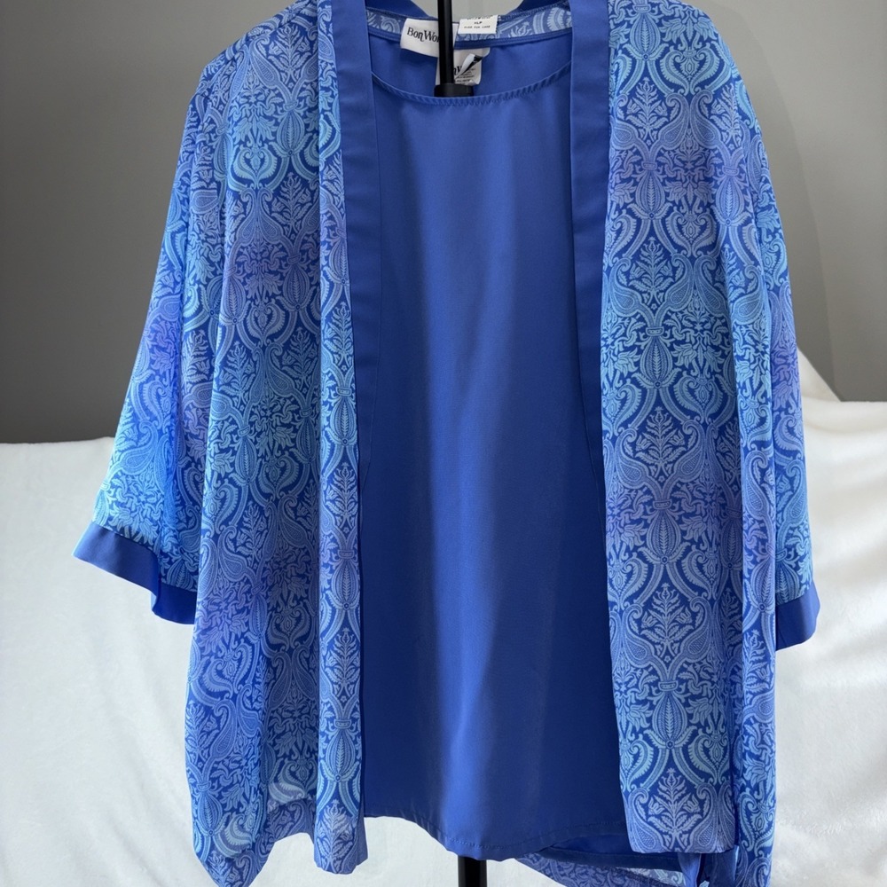 Bon Worth 2 Piece Open Front Cardigan XLP Shoulder Pads Grandmacore Paisley EUC